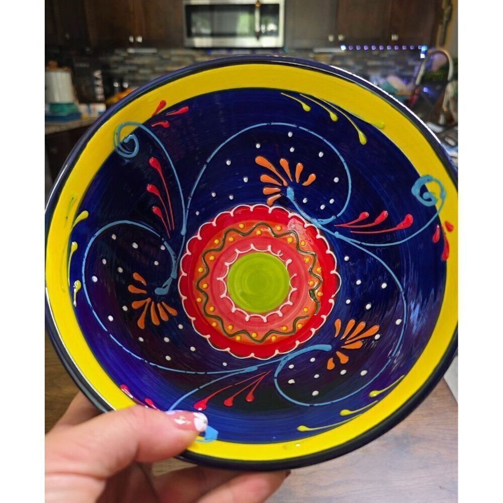 Hand-Painted Ceramic Bowl From Spain With Vibrant Blue Orange & Yellow Patterns‎